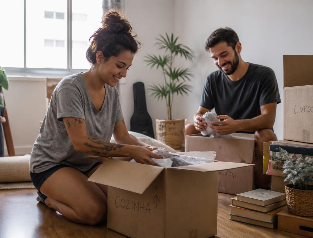 Casal desfazendo caixas de mudança no novo apartamento