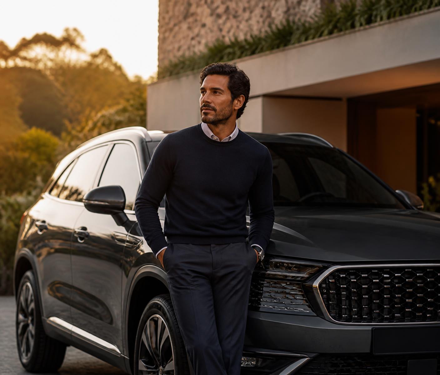 Homem em traje smart casual ao lado do seu carro novo, em fim de tarde