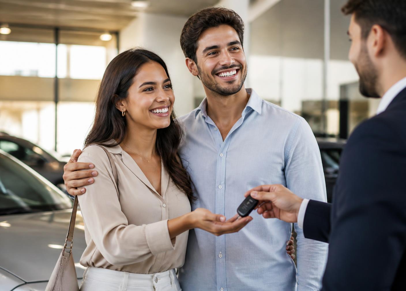 Casal recebendo a chave do carro novo em uma concessionária
